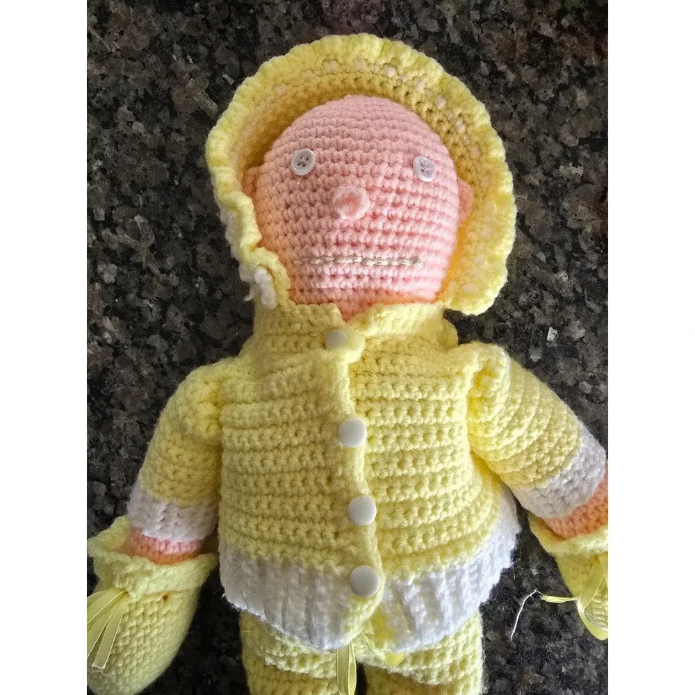 Handmade‎ Crochet Baby Doll Yellow Hooded Outfit Plush Folk Cottagecore